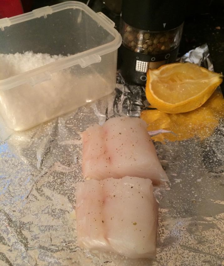 Add the pieces of fish and season. I use a tiny amount of salt, pepper and a sprtiz of lemon (bottle lemon juice works just as well).Other favourites have included soy sauce and lime juice, particularly with salmon
