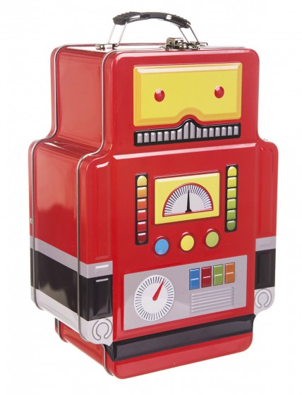 This cheeky cappy is a proper old fashioned tin lunch box, but with the gorgeous retro look of a robot. What a cheeky chappie!
