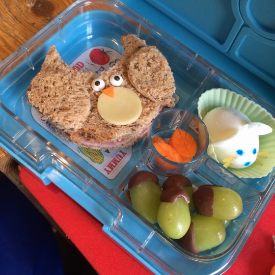 And here's my box, complete with mouse, owl along with leaves cut from slices of carrot and acorns made from frozen grapes dipped in melted chocolate. 
